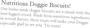 Nutritious Doggie Biscuits!
Our home-made doggie biscuits are a smash with the four-legged crowd. Made from nutritious ingredients in several flavors, these treats will make your Doggie especially glad to see you. Try some! 